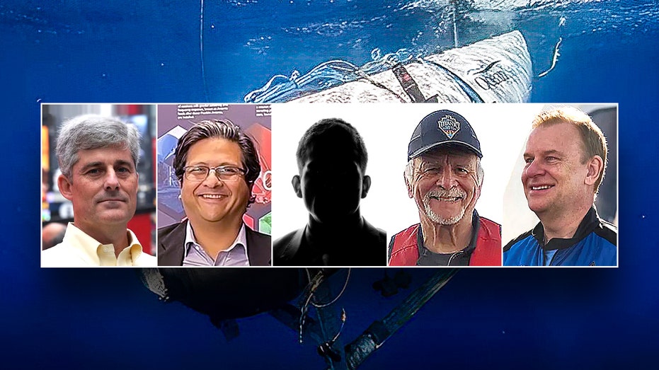 A split image showing the five crew members of OceanGate's Titan submersible