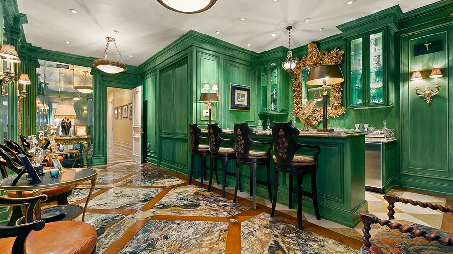 Rod Stewart private speakeasy has green walls and rare marble floors.